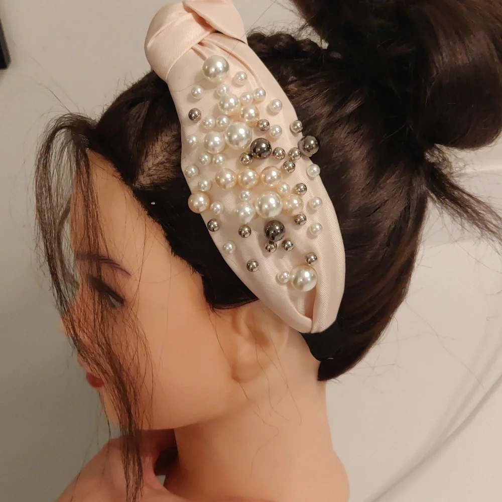 Elegant Faux Pearl-Studded Cream Headband Vintage Inspired Y2k Trendy Cottagecor